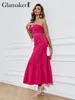 Glamaker Rose Red Backless 2 -delige set Sexy Off Shoulder Elastic Crop Top en High Taille Ruffle Maxi Rok Holiday Women 220602