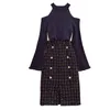 Women's Two Piece Pants Women Ins Fashion Chic Tweed Skirt 2 Sets Sexy Bare Shoulders Knit Sweater Button Plaid Split