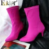 EOKKAR Hot Pink Kitten Heel Stretch Ankle Boots for Women Pointed Toe Elastic Booties Royal Blue Women Shoes Low Heel BootsT220718