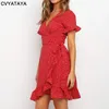 Röd sexig v hals blommig tryck själv slips wrap klänning mini dres boho ruffle fow fleeve sommar mini klänningar vestidos 220509