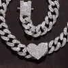 Chains 2Pc/Set Rapper Full Heavy Heart-shaped Cuban Link Bracelet Iced Women For Men Necklcae Chain Prong Pave Luxury Hiphop Jewelry CzChain