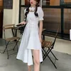 Houzhou Women's White Dress Autumn Elegant Vintage Kawaii Puff Sleeve Midi Dress Square Collar Bandage Sundress Goth Outfits 220621
