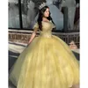 Novo vestido de baile de vestidos quinceanera amarelo para o México Sweet 16 meninas de lantejoulas boho mangas de aniversário vestido vestido de 15 anos baile