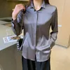 QoerliN Elegant Satin Blouse Autumn Spring Turn-Down Collar Single-Breasted Long Sleeve Female Chiffon Shirt Ladies Plus 220402