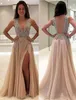 Long Prom Dresses 2022 New Sexy Deep V-neck Side Split Evening Party Wear Gown Champagne Organza A Line vestidos de fiesta
