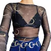 Fashion Sun Moon Gedrukt Transparant Mesh Sexy T -shirt Vrouwen O nek lange mouw slanke basual vrouwelijke tops herfst lente 220714