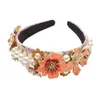 Boho Barock Große Legierung Rosa Blume Haarband Kristall Und Perle Krone Stirnband Strass Kopfschmuck Für Frauen Hochzeit Haar Schmuck