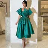 Huner Green Saudi Arabia Plus Size A Line Prom Dresses Satin Short Sleeves Dubai Draped Pleats Ankle Length Formal Evening Party Gowns Custom Made
