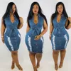 Seksi moda kolsuz bodycon mini elbise kadınlar yaz vestidos deliği yırtık kot pantolonlar vintage yıkanmış denim 220521