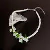 Chokers Minar Sweet Green Color Resin Lily Of The Valley Flower Pendant Necklaces For Women Pearl Beads Chain Choker Necklace JewelryChokers