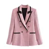 Women's Suits & Blazers Blazer Women Pink Tweed Jackets Woman Autumn Double Breasted Female Elegant Textured Long Sleeve