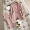 Vrouwen Tweedelige Broek Roze Kleine Blazer Vrouwelijke 2022 Lente En Herfst Pak Mode Temperament Kantoor Dame Broek Elegante Tweedelige