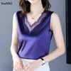 Women's Blouses & Shirts M-4XL Fashion Chiffon Tops Shirt Women 2022 Summer Casual Loose Sleeveless Lace Blouse V-neck Top Office White Blac