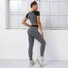 Colorblock Fashion Sexy Twopiece Ladies Yoga Gym Exercise PushUp short Sleeve Sports Leggings Pants Outdoor Run Fitness J220706