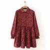 New women vintage pleats red flower print mini dress female long sleeve casual vestidos chic sweet ruffles chic dresses DS3045 210322