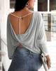 Autumn Spring Women Fashion Elegant Sexy Long Sleeve Ladies Open Back Top Solid Beaded Strap Backless Twisted 220321