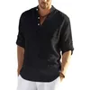 Casual Mens Algodão Linho Camisas Verão Solto Manga Longa Sólida Camiseta Moda Vneck Respirável Masculino Blusa Camisa Tops 220726