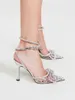 Sandals Women Shoes Double Bow Transparent Crystal Pumps Pointed Toe Stiletto Buckle Strap High Heels Handmade 34-43Sandals