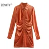 Zevity automne mode femmes Orange vert couleur plissée simple boutonnage mince chemise robe femme à manches longues velours Vestido 210325