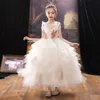 Luxurious Flower Girl Dress Long Train With Bow Bead 3D Flowers Appqulies Ball Gown Princess First Holy Communion Gowns 403