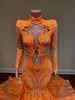 Långärmad hög nacke arabisk prom klänningar 2022 sexig sjöjungfrun stil orange sequin applique afrikanska blacl tjejer kväll gala kappor