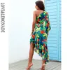 Lovelemonade sexig slack axel midja klippt ut ruffled puffhylsa sommarbladtryck strand midi klänning lm82998-a 220507