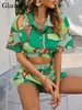 Glamaker Spring green Leaf print shorts suits High street holiday crop blouse top and A-line short sets Beach sexy sets 220421