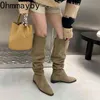 Cowboy Women Long Boots Suede Ladies Zipper Knight Square Heel Fashion Winter Folds High Kneehigh 220802