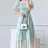 Embroidered Off-Shoulder Dresses Fairy Chic Gentle Dress Female Style Sweet Daisy Printed Mesh Long Floral Dress Female 220514