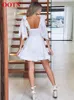 Ootn Summer Semester Style White Dress Cotton Linen Strap Lace Up Mini Dress Women Square Neck High midje ärmlös Casual Dress 220511