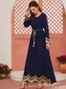 Etnische kleding Wepbel Djellaba Eid Abaya Moslimjurk Vrouwen Casual Long Sleeve Blue Lace geborduurde pailletten Maxi Kaftan Islamic