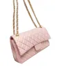 Womens Pre-Collection Pearly Pink White Bag Classic Double Flap Lambskin Quilted Iridescent Gold/Silver Metal Hardware Chain Crossbody Shoulder Pochette Purse 26C