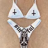 Kobiety śmieszne litery Drukuj 2PCS Bikini garnitury głębokie odłączona piersi w szyku dekoltowym z trójkątnymi dnomi strojów kąpielowych 220622