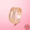 Gloednieuwe 925 Sterling Silver Gold Rings Sparkling Polished Lines Rose Gold Pave Wedding Engagement Diy Originele sieraden voor vrouwen