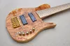 Factory Custom Natural Wood Color 6-snarige elektrische basgitaar met spalted esdoorn fineer esdoorn vaterbord nek-thru-body aanbieding aangepast