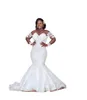 2022 Sexy Arabic Aso Ebi Mermaid Wedding Gowns Bridal Gowns Sheer Illusion Neck Lace Appliques Crystal Beaded Long Sleeves Plus Size Vintage