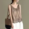 Sommar Spaghetti Strap Toppar Kvinnor Ärmlös V-Neck Floral Broderi Casual Bomull Linen Tank Top Camis Tee Shirt Femme 220325