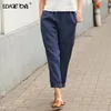 Algodão de linho grande bolso fino calças femininas sólida cintura elástica pant para mulheres verão reto branco homewear calças 220325