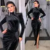 Long Black Velvet Bodycon aftonklänningar med ärmar dragkedja veckad axel arabisk formell te längd festklänningar för kvinnor