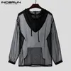 Occun Fashion Men Mesh T-shirt Hooded See Through Long Mouw Casual Tops Sexy Streetwear Losse Nachtclub Party Mens T-shirts 220407