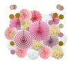 19 pz / set Baby Girl Boy Shower Party Favor Appeso Artigianato di carta Matrimonio Compleanno Decor Rosa / Blu / Giallo / Viola Ventaglio di carta Pom Pom T200524