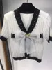 Women's Knits & Tees 2022Vintage Bowknot Handmade Nail Diamond Knit Short Sleeve Top High Street Fashion Casual Elegant Ladies Cardigan