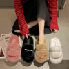 2022 Pearl Decoration Women Indoor Furry Open Toe Slippers Ladies Soft Plush Fluffy Faux Fur House Slides Winter Warm Shoes G220730