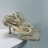 Cavalca di albicocche nere Crystal Net Donne Scarpe con tacco alto Tedra Pulsway Party Diamond Stiletto Sandals35-41Size