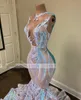 2022 Sparkly Sequins Mermaid African Prom Dresses Black Girls Jewel Neck Illusion Long Graduation Dress Plus Size Formal Sequined Evening Gowns