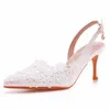 Sandalias de verano para mujer, moda clásica concisa, hebilla de PU, correa de 7,5 CM, tacones finos, puntiagudos, encaje blanco, zapatos de boda, sandalias