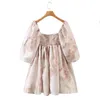 2022 Princess Tie dye Floral Print Ball Gown Organza Dress Puff Sleeve Retro Women Ruched Pleated Waist Mini Party Fairy Robe 220511