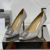 ブランドの女性のハイヒールのセクシーな結婚式の靴シルク四角ボタンドリル本革高級靴ポインテッドトゥパンプス 9.5 センチメートル 34-41 ボックス付き