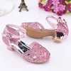 وصول Kids Glitter Sandals Girls Square High Heel Dress Shoes Open Tee Veling Beading Princess Shoes 2637 220527