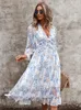 Sexy V-ausschnitt Blumenkleid Damen Schmetterlingsärmel Hohe Taille Lässige Print Kleider Für Frauen Sommer Chiffon-Kleid 220406